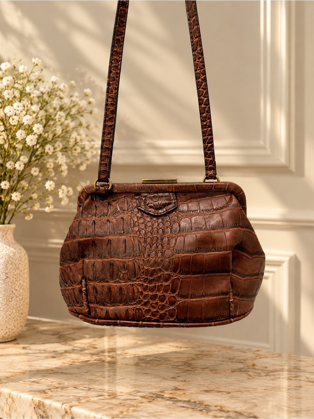 BUENO Women's Croc-Embossed Brown Leather Crossbody Bag